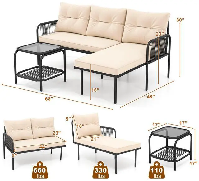 Alt view image 5 of 7 - SlickBlue 3-Piece L Shaped Patio Furniture Set PE Rattan Sectional Sofas-Beige