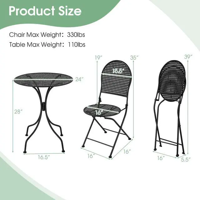 Alt view image 4 of 7 - SlickBlue 3 Pieces Patio Bistro Set Outdoor Conversation Furniture Table and Folding Chair