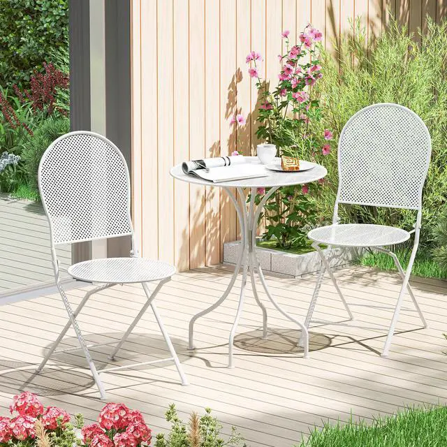 Main image of SlickBlue 3 Piece Metal Bistro Patio Round Table and 2 Folding Chairs Set-White