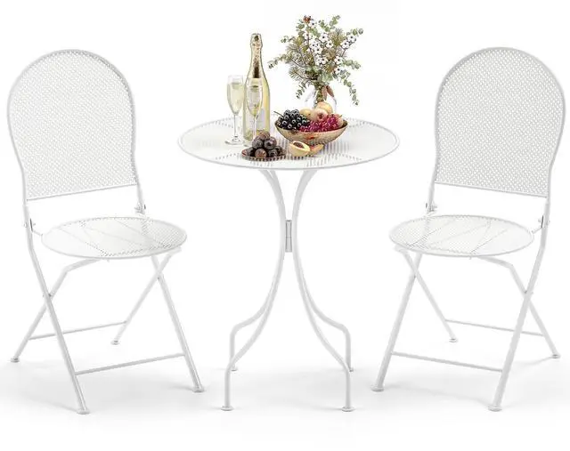 Alt view image 4 of 7 - SlickBlue 3 Piece Metal Bistro Patio Round Table and 2 Folding Chairs Set-White