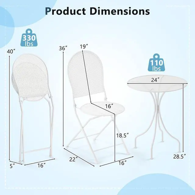 Alt view image 5 of 7 - SlickBlue 3 Piece Metal Bistro Patio Round Table and 2 Folding Chairs Set-White