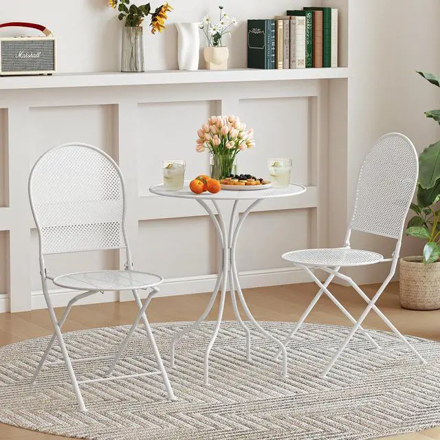 Alt view image 2 of 7 - SlickBlue 3 Piece Metal Bistro Patio Round Table and 2 Folding Chairs Set-White