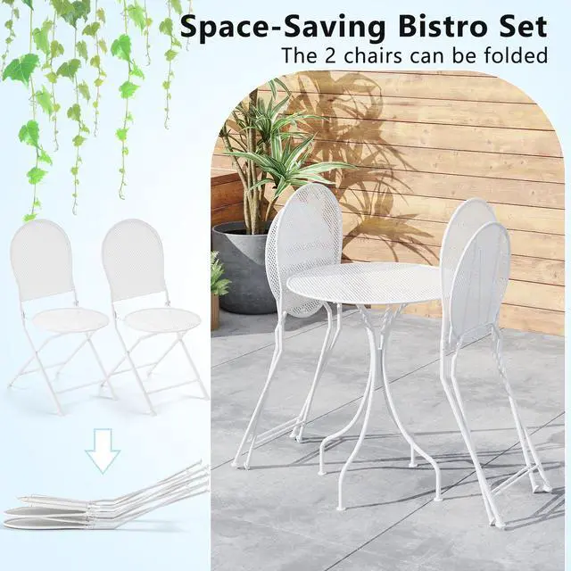 Alt view image 7 of 7 - SlickBlue 3 Piece Metal Bistro Patio Round Table and 2 Folding Chairs Set-White