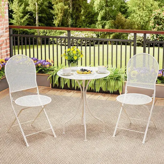 Alt view image 6 of 7 - SlickBlue 3 Piece Metal Bistro Patio Round Table and 2 Folding Chairs Set-White