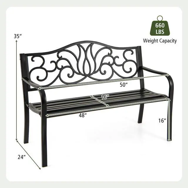 Alt view image 4 of 7 - SlickBlue 50 Inches Outdoor Garden Bench with Floral Design Backrest and Slatted Seat-Black