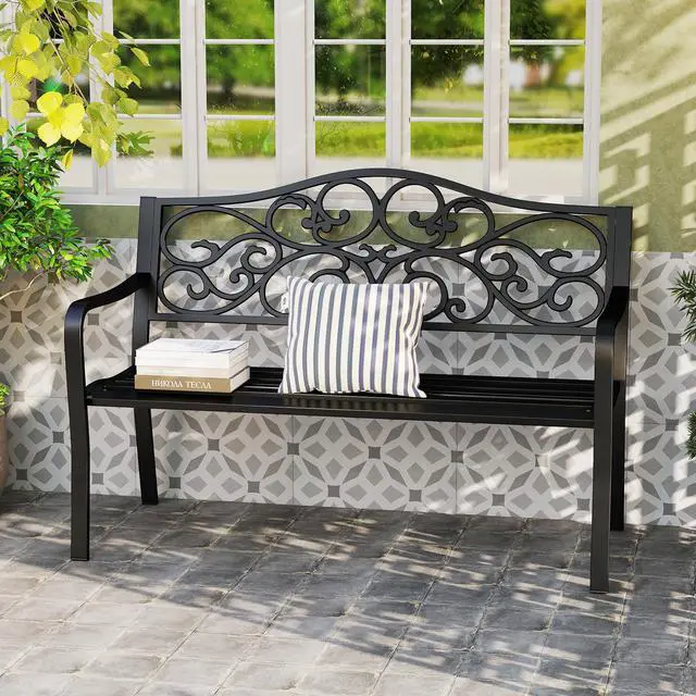 Alt view image 2 of 7 - SlickBlue 50 Inches Outdoor Garden Bench with Floral Design Backrest and Slatted Seat-Black
