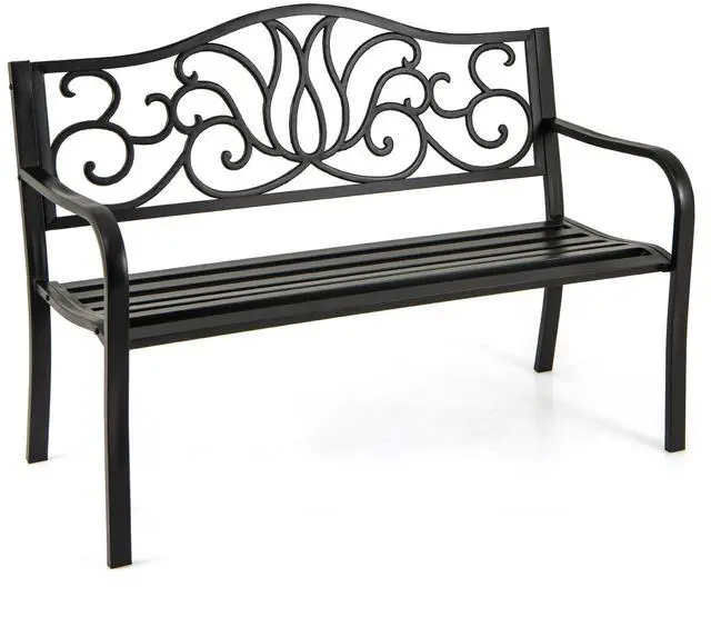 Alt view image 3 of 7 - SlickBlue 50 Inches Outdoor Garden Bench with Floral Design Backrest and Slatted Seat-Black