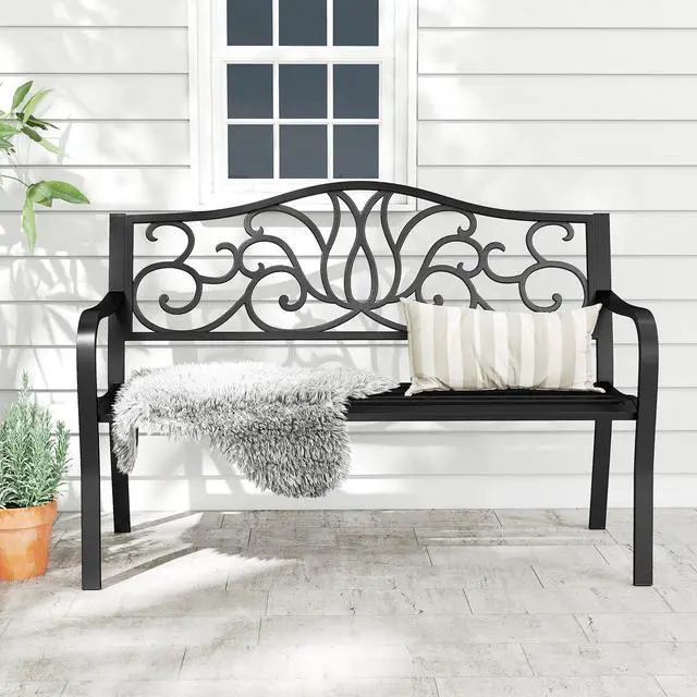 Alt view image 5 of 7 - SlickBlue 50 Inches Outdoor Garden Bench with Floral Design Backrest and Slatted Seat-Black