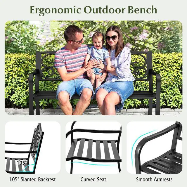 Alt view image 7 of 7 - SlickBlue 50 Inches Outdoor Garden Bench with Floral Design Backrest and Slatted Seat-Black
