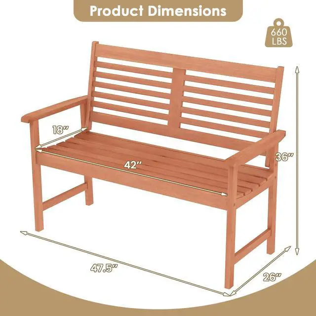 Alt view image 5 of 7 - SlickBlue Patio Solid Wood Loveseat Outdoor 2-Seat Bench with Inclined Backrest and Slatted Seat