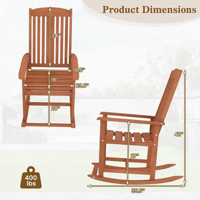 Alt view image 4 of 7 - SlickBlue Outdoor Rocking Chair Solid Wood High Back Rocker with Slatted Seat