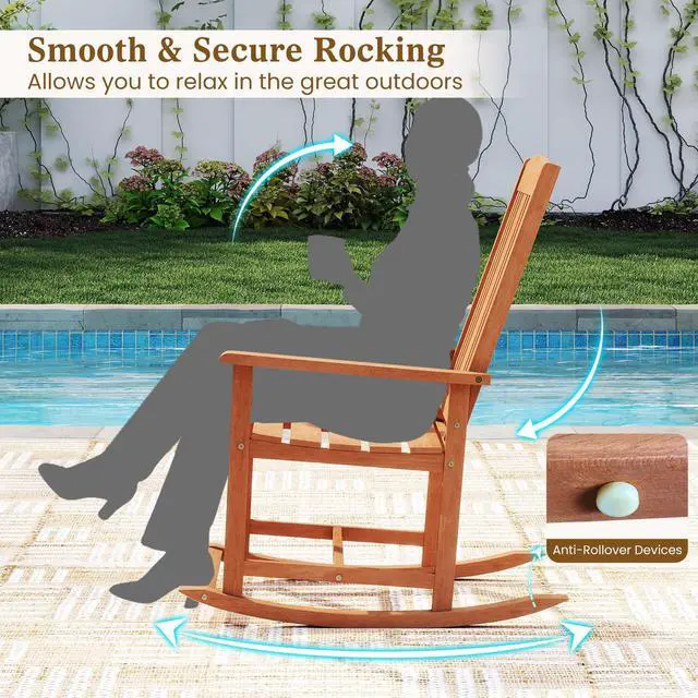 Alt view image 6 of 7 - SlickBlue Outdoor Rocking Chair Solid Wood High Back Rocker with Slatted Seat