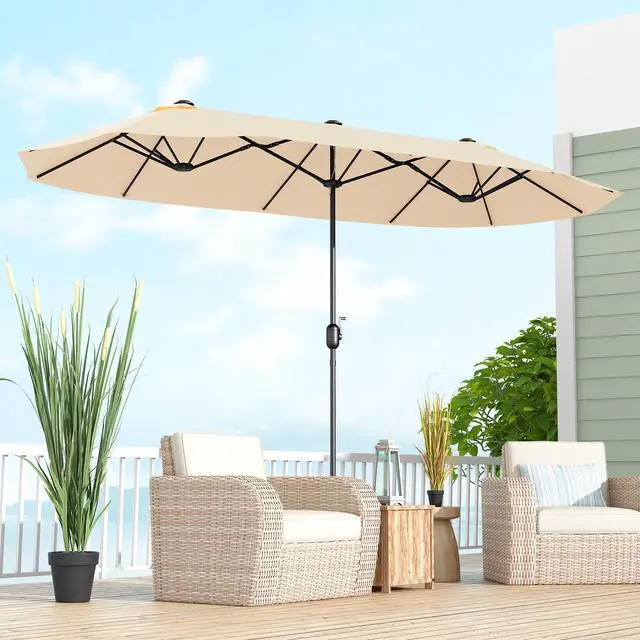 Alt view image 6 of 7 - SlickBlue 13 Feet Double-Sided Patio Twin Table Umbrella with Crank Handle-Beige