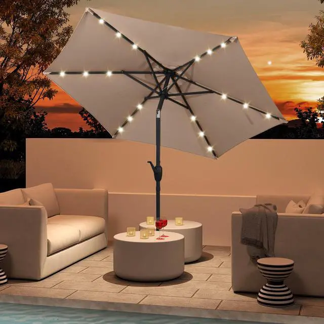 Main image of SlickBlue 7.5 Feet Solar Powered Patio Umbrella with LED Lights and Crank Handle-Tan
