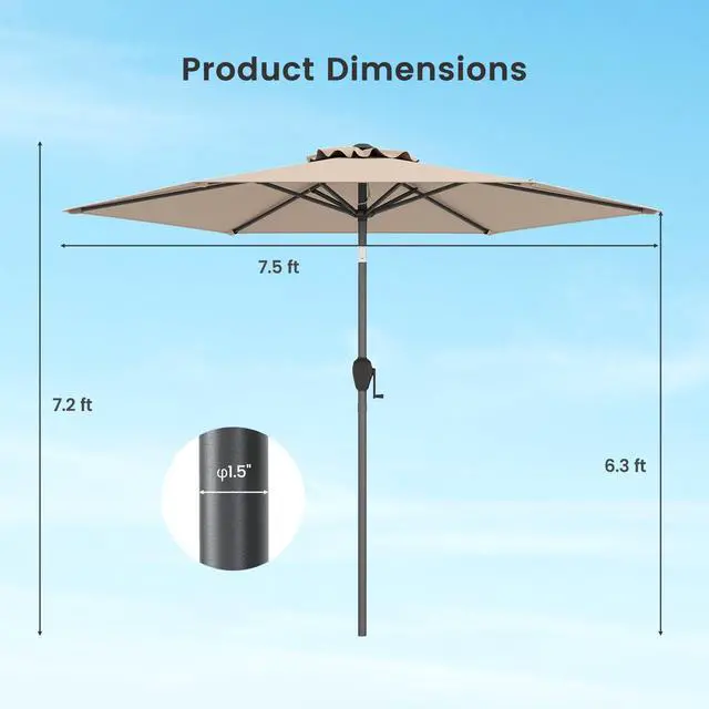 Alt view image 5 of 7 - SlickBlue 7.5 feet Outdoor Patio Heavy Duty Market Umbrella with Push Button Tilt-Tan