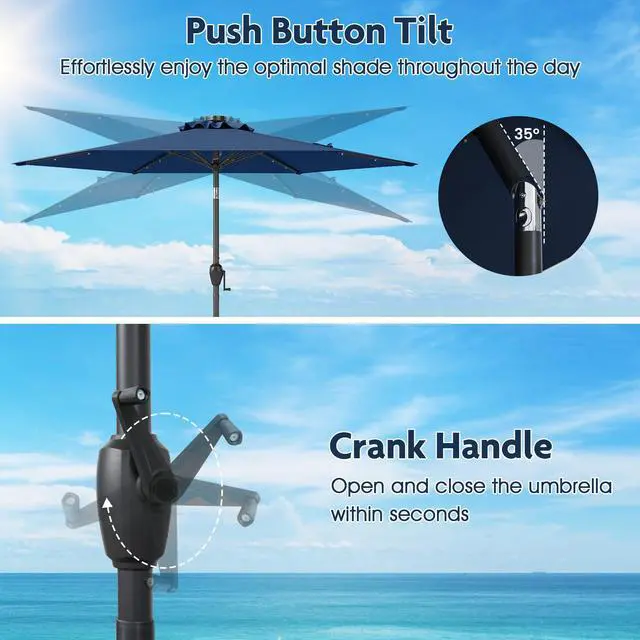 Alt view image 7 of 7 - SlickBlue 7.5 Feet Solar Powered Patio Umbrella with LED Lights and Crank Handle-Navy