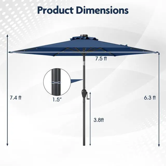 Alt view image 5 of 7 - SlickBlue 7.5 Feet Solar Powered Patio Umbrella with LED Lights and Crank Handle-Navy