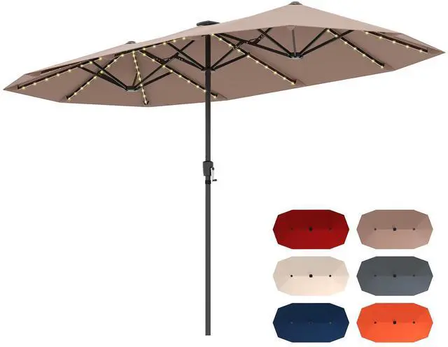 Alt view image 4 of 7 - SlickBlue 13 FT Large Patio Umbrella with LED Solar Lights and Crank Handle-Coffee