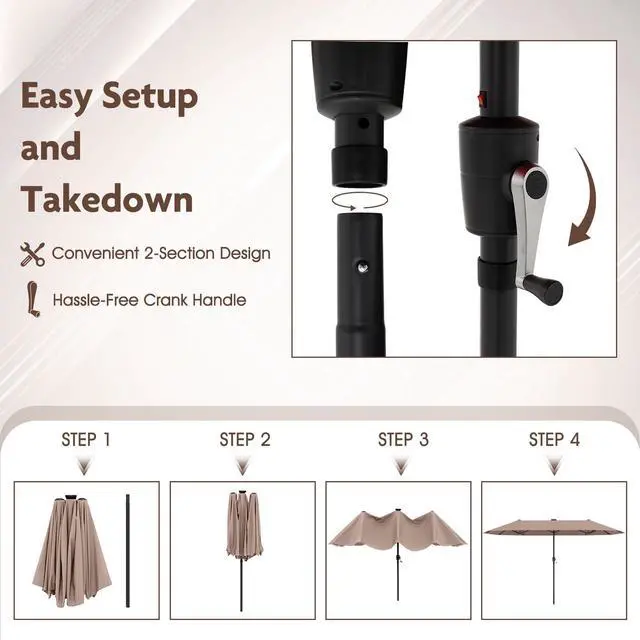 Alt view image 7 of 7 - SlickBlue 13 FT Large Patio Umbrella with LED Solar Lights and Crank Handle-Coffee