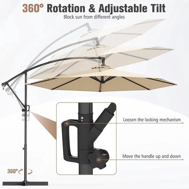 Alt view image 7 of 7 - SlickBlue 10 Feet Offset Hanging Umbrella with Base and Infinite Tilt-Beige