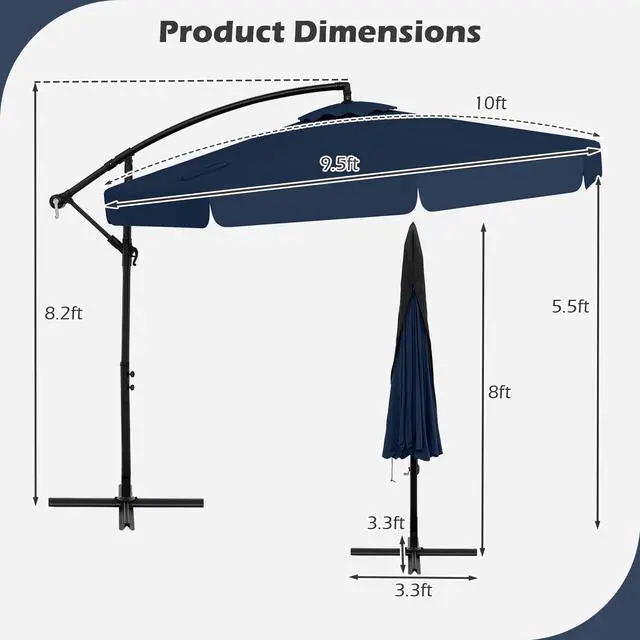 Alt view image 4 of 7 - SlickBlue 10 Feet Patio Cantilever Umbrella with Cover Tilt Adjustment and Ruffled Edge-Navy