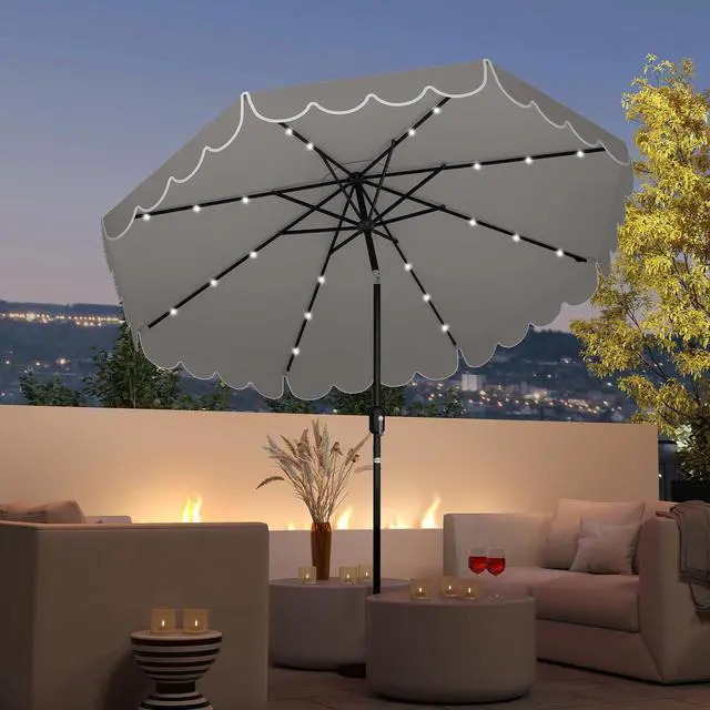 Main image of SlickBlue 9.3 FT Solar Patio Umbrella with 24 LED Lights Vented Top and Ruffles-Grey