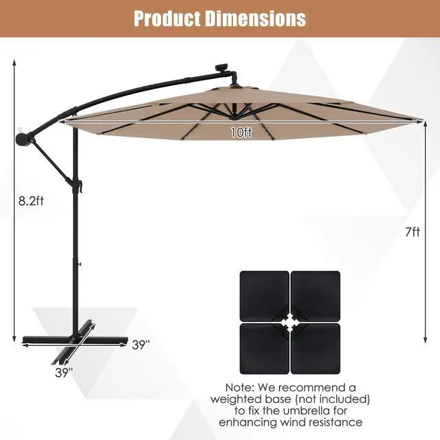Alt view image 5 of 7 - SlickBlue 10 Feet Solar Offset Hanging Umbrella with 40 Lamp Beads and Solar Panel-Tan