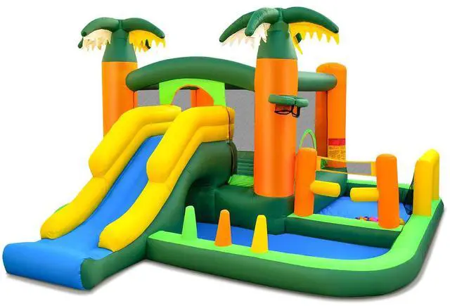 Alt view image 2 of 7 - SlickBlue 8-in-1 Tropical Inflatable Bounce Castle with 2 Ball Pits Slide and Tunnel Without Blower