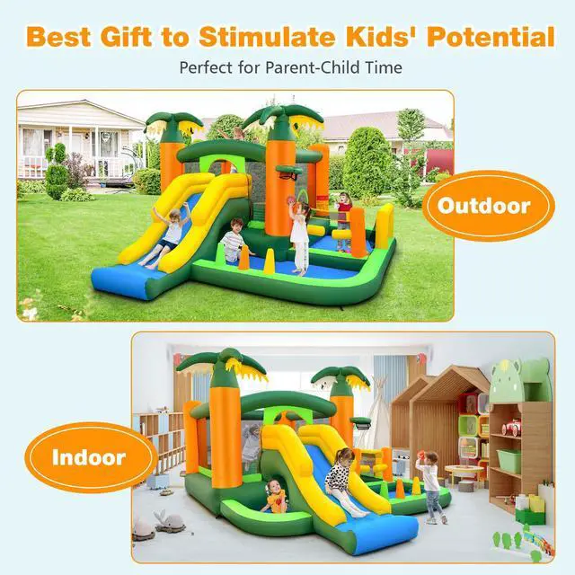 Main image of SlickBlue 8-in-1 Tropical Inflatable Bounce Castle with 2 Ball Pits Slide and Tunnel Without Blower