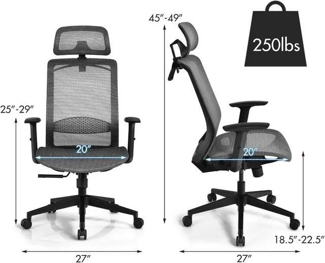 Alt view image 3 of 7 - Height Adjustable Ergonomic High Back Mesh Office Chair with Hange Gray