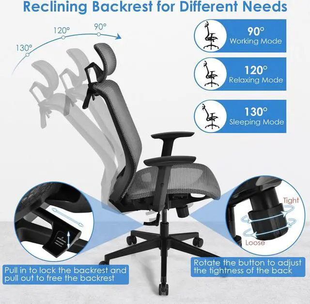 Alt view image 6 of 7 - Height Adjustable Ergonomic High Back Mesh Office Chair with Hange Gray