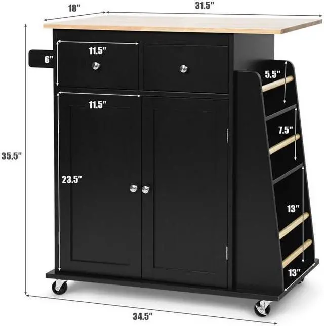 Alt view image 6 of 7 - SlickBlue Rubber Wood Countertop Rolling Kitchen Island Cart-Black