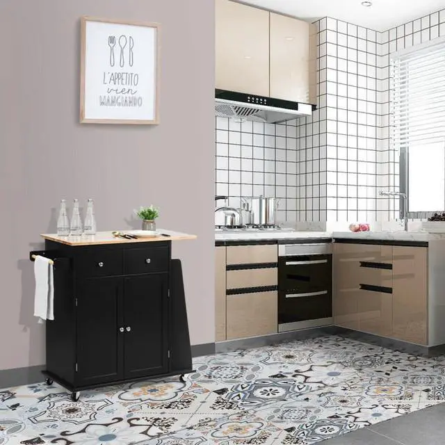 Alt view image 3 of 7 - SlickBlue Rubber Wood Countertop Rolling Kitchen Island Cart-Black