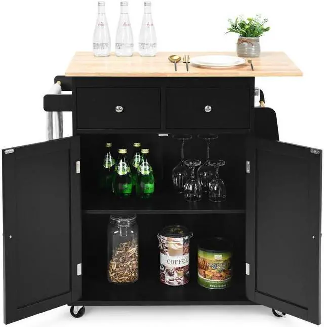Alt view image 7 of 7 - SlickBlue Rubber Wood Countertop Rolling Kitchen Island Cart-Black
