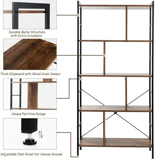Alt view image 7 of 7 - SlickBlue 4-Tier Industrial Freestanding Bookshelf with Metal Frame
