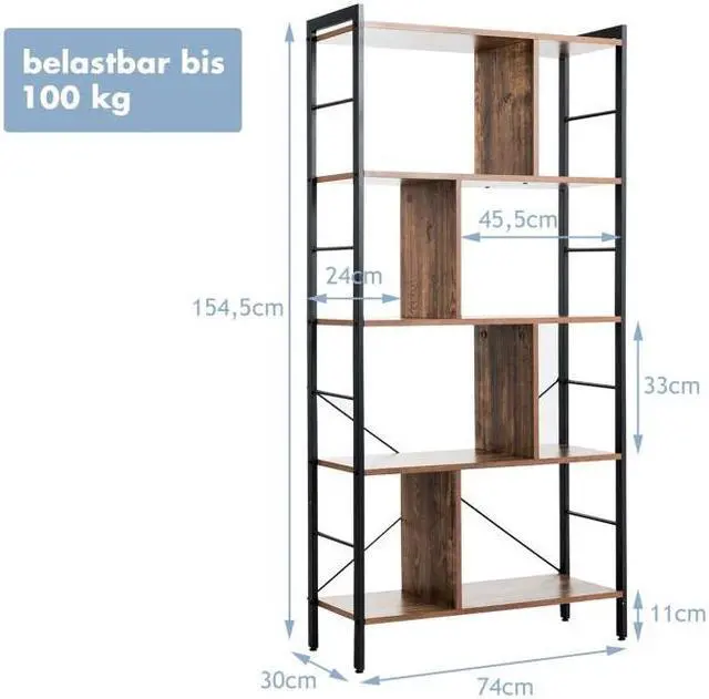 Alt view image 5 of 7 - SlickBlue 4-Tier Industrial Freestanding Bookshelf with Metal Frame