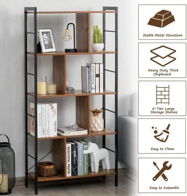Alt view image 3 of 7 - SlickBlue 4-Tier Industrial Freestanding Bookshelf with Metal Frame