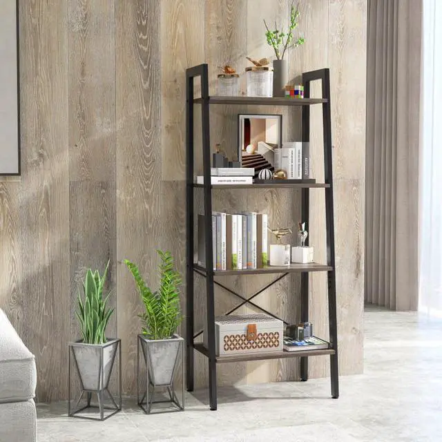 Alt view image 2 of 7 - SlickBlue 4-Tier Bookshelf with Metal Frame and Adjustable Foot Pads-Oak