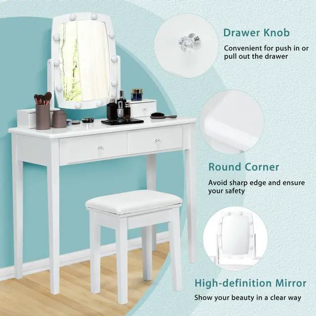 Alt view image 5 of 7 - SlickBlue Vanity Table Set with Lighted Mirror for Bedroom and Dressing Room