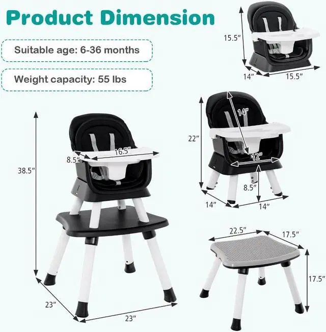 Alt view image 3 of 7 - SlickBlue 6-in-1 Convertible Baby High Chair with Adjustable Removable Tray