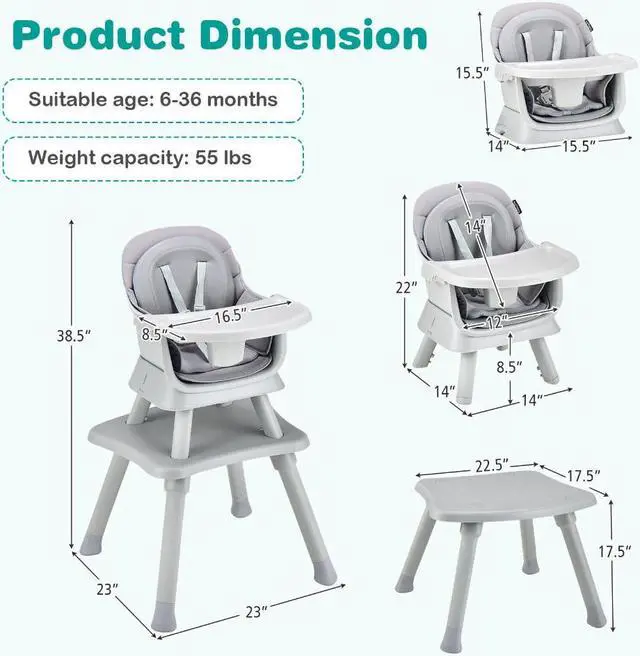 Alt view image 3 of 5 - SlickBlue 6-in-1 Convertible Baby High Chair with Adjustable Removable Tray