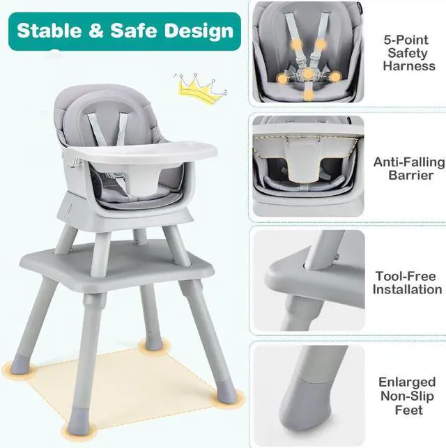 Alt view image 4 of 5 - SlickBlue 6-in-1 Convertible Baby High Chair with Adjustable Removable Tray