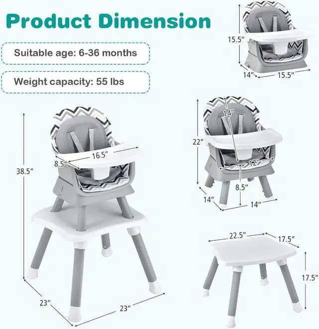 Alt view image 2 of 5 - SlickBlue 6-in-1 Convertible Baby High Chair with Adjustable Removable Tray