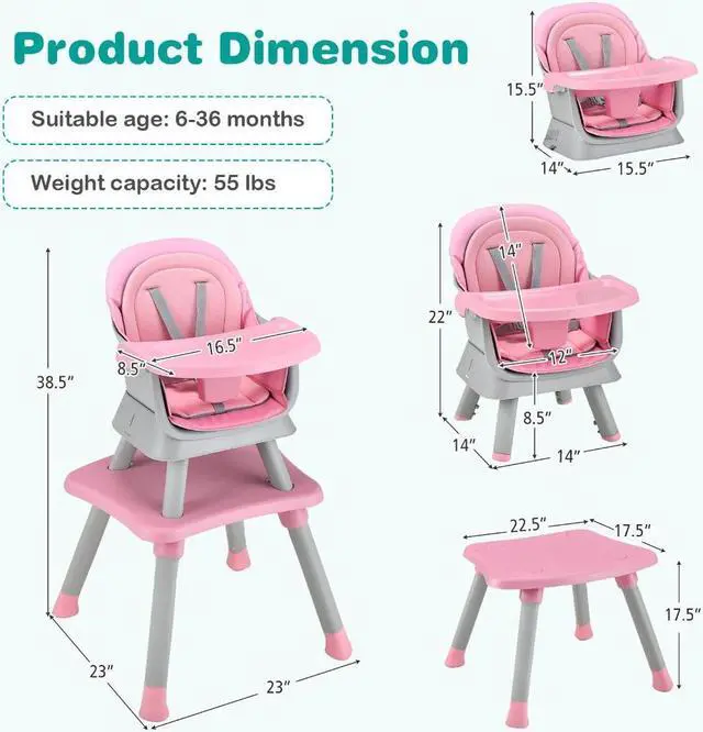 Alt view image 2 of 5 - SlickBlue 6-in-1 Convertible Baby High Chair with Adjustable Removable Tray