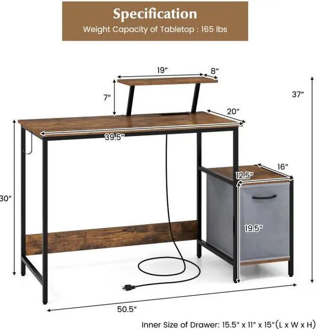 Alt view image 4 of 7 - SlickBlue Computer Desk with Reversible Storage Drawer and Moveable Shelf-Brown