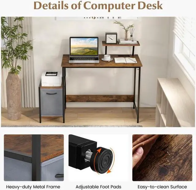 Alt view image 5 of 7 - SlickBlue Computer Desk with Reversible Storage Drawer and Moveable Shelf-Brown