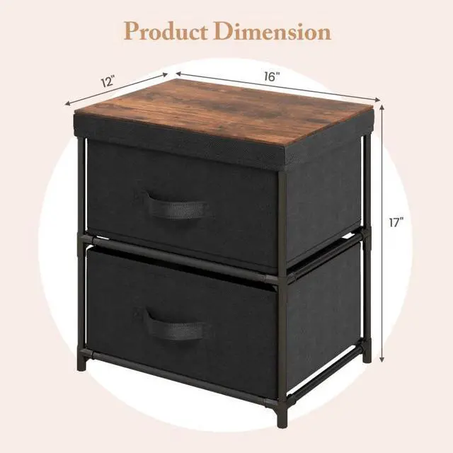 Alt view image 5 of 7 - SlickBlue 2-Drawer Nightstand with Removable Fabric Bins and Pull Handles Set of 2-Black