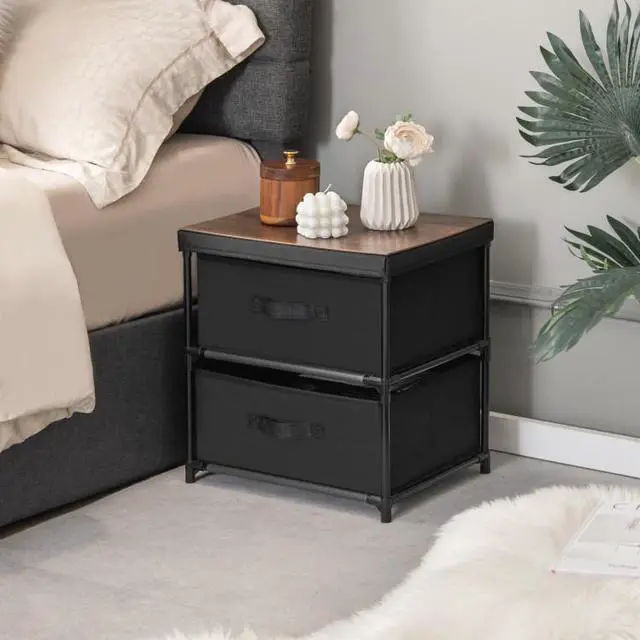Alt view image 2 of 7 - SlickBlue 2-Drawer Nightstand with Removable Fabric Bins and Pull Handles Set of 2-Black