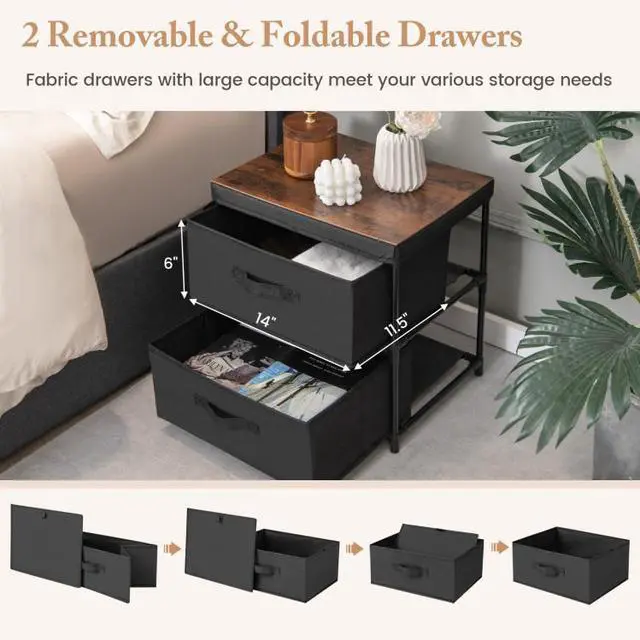 Alt view image 6 of 7 - SlickBlue 2-Drawer Nightstand with Removable Fabric Bins and Pull Handles Set of 2-Black