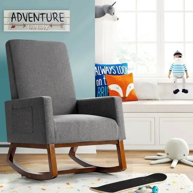 Alt view image 6 of 7 - Upholstered High-Back Rocking Lounge Chair with Side Pocket